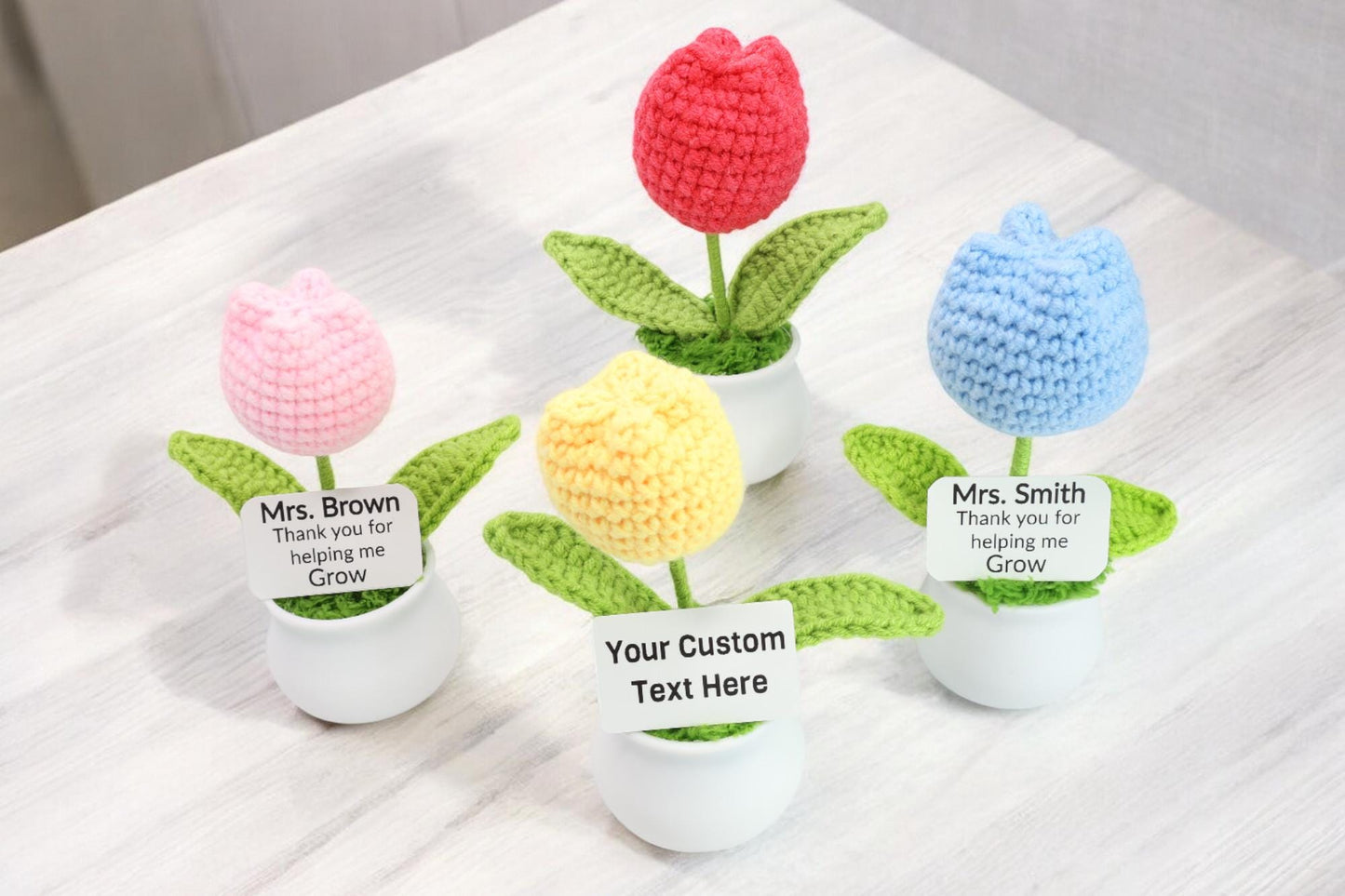 Crochet Flowers in White Pot, Classroom Teacher Gift Handmade Best Friend Gift. Office Desk Decor for Coworkers. Funny Birthday Gag Gifts